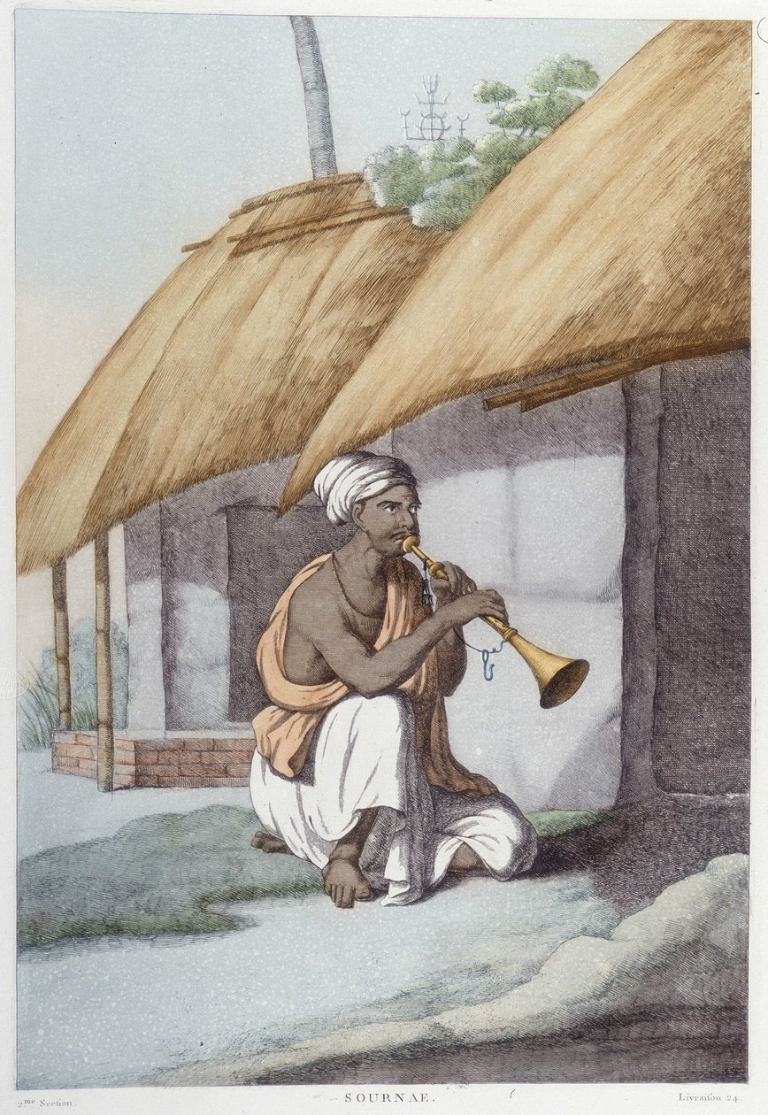 Indiai kultúra, civilizáció és társadalom: zenész hagyományos indiai furulyával. Metszet 1808-ból. alkotó: Unknown artist