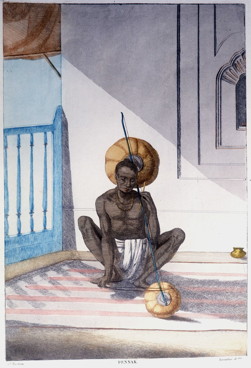 Indiai kultúra, civilizáció és társadalom: zenész hagyományos indiai vonós hangszerrel. Metszet 1808-ból. alkotó: Unknown artist