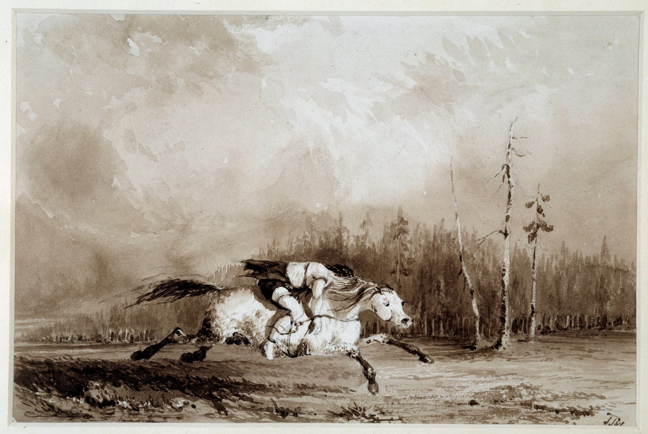 Amerika indiánja: "" Egy ló vágtat egy embert megkötözve"" Névtelen rajz. 19. századi La Rochelle, Musee du Nouveau Monde alkotó: Unknown artist