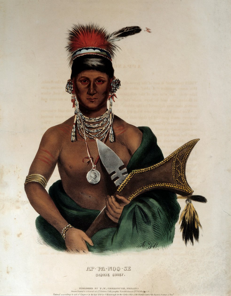 Amerika indiánja: „” Portré a Saukie Ap Pa Noo See indián főnökéről”” 1836-os névtelen litográfiája, La Rochelle, Musee du Nouveau Monde alkotó: Unknown artist