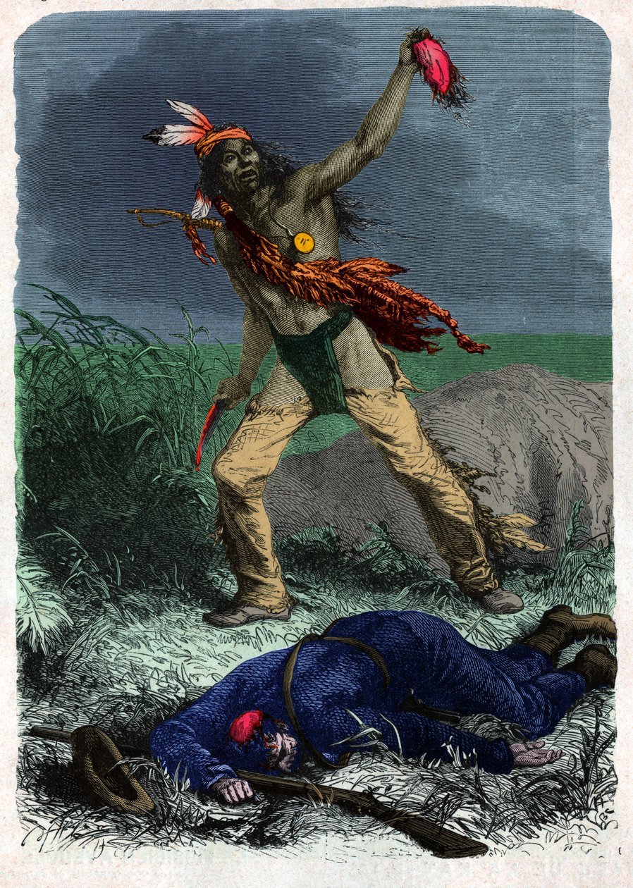 Az indián megskalpol egy katonát. (illusztráció, 1900 körül) alkotó: Unknown artist