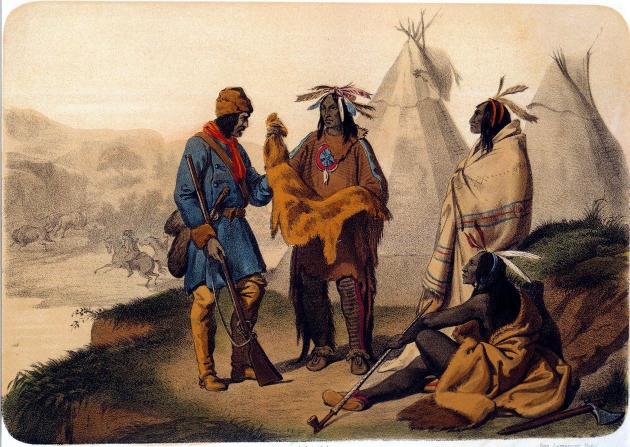 Amerika indiánjai: Vörösbőrrel csereberélő trapper, répabőrt cserélnek, az egyik indián tintahalat szív. 19. századi litográfia La Rochelle, Musee du Nouveau Monde alkotó: Unknown artist