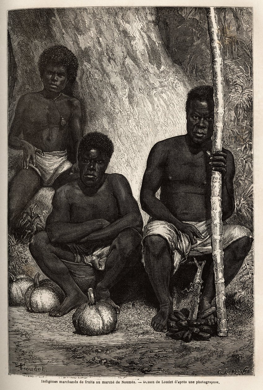 Őslakos gyümölcskereskedő, Noumea (Új-Kaledónia) piacán. Az 1863-tól 1866-ig tartó új-kaledóniai utazást illusztráló metszet Jules Garnier bányamérnök építőmérnökétől a „Le tour du monde, nouveau Journal des voyages” című folyóiratban, amely a dire alatt j alkotó: Unknown artist