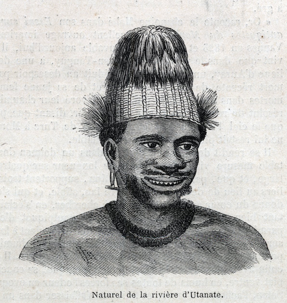 Új-Guinea (Új-Guinea) őslakosai: az Utamate folyó természetes. Metszet a „The Illustrous Universe”-be alkotó: Unknown artist