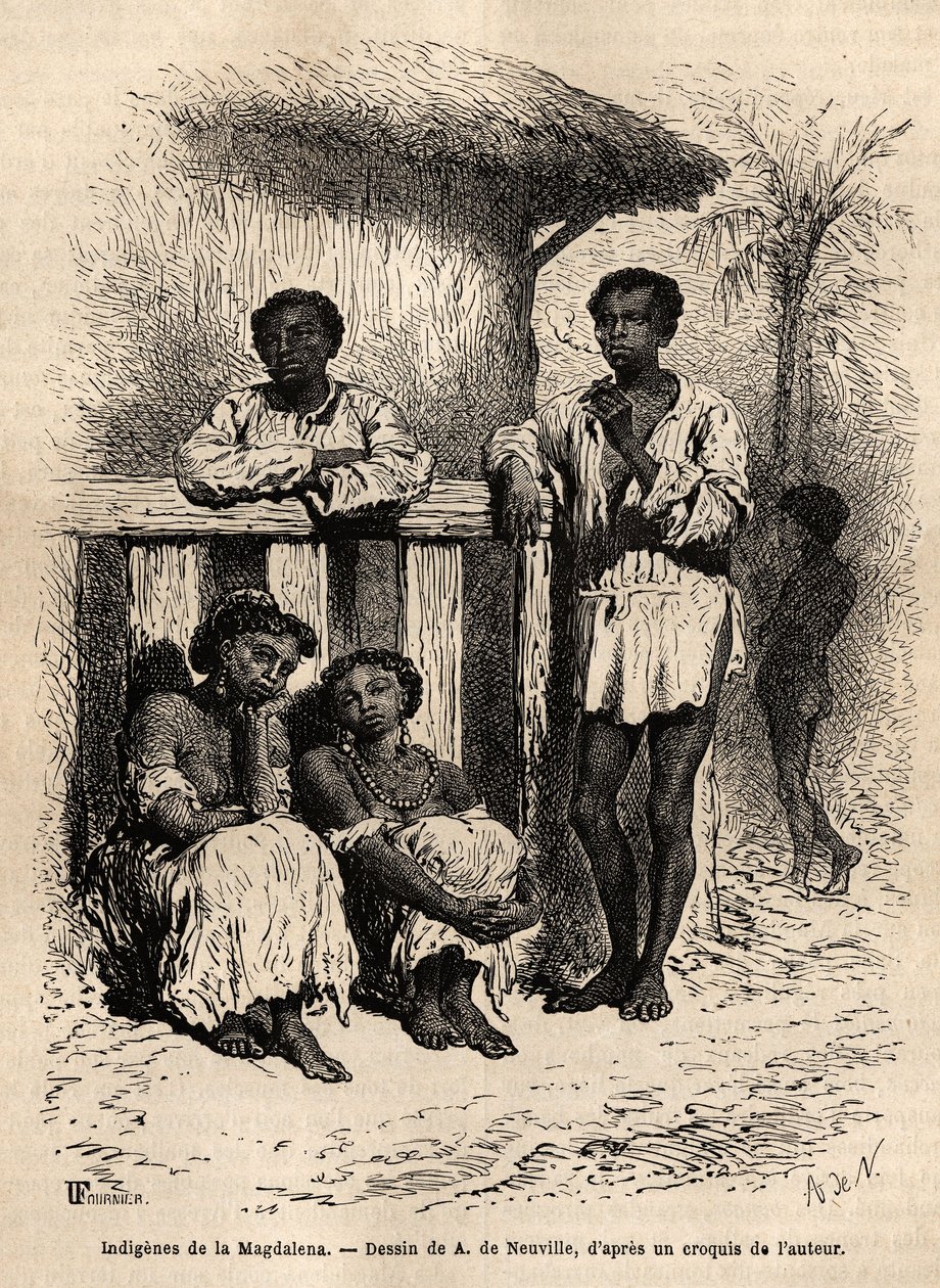 A Magdalena (folyók) őslakosai Mompox (Kolumbia) városának utcáin. Dr. Saffray 1869-es metszete az új-granadai utazás illusztrálására, megjelent a „Le tour du monde”” 1872-ben, szerkesztette Edouard Charton, Hachette kiadás, alkotó: Unknown artist