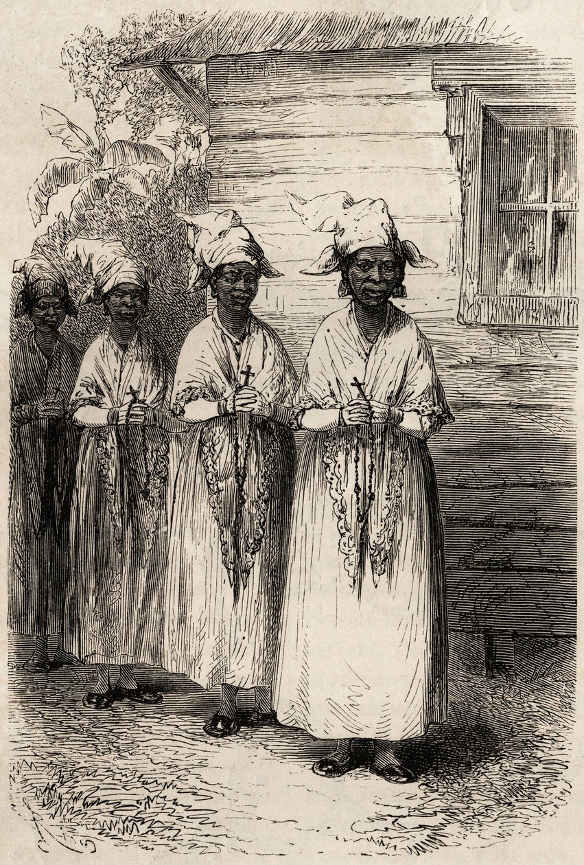Guyanai bennszülött nők a Fete Dieu katolikus körmenetén. Az 1862-1863-as francia guyanai utazást illusztráló metszet Frederic Bouyer, a fregatt kapitányától a „Le tour du monde, nouveau Journal des voyages” című kiadványban, amely a dir alatt jelent meg. alkotó: Unknown artist