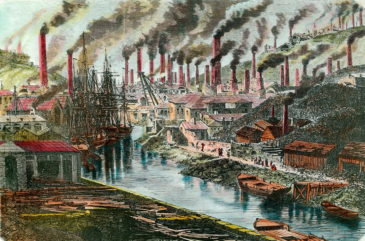 Ipari forradalom: Vivian úr rézgyárának áttekintése a walesi Swansea-ben. századi metszet. Magángyűjtemény. alkotó: Unknown artist