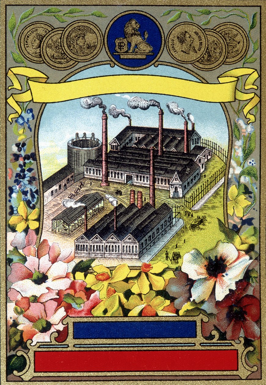 Iparosítás: Egy gyár légi képe. század végi kromolitográfiája. alkotó: Unknown artist
