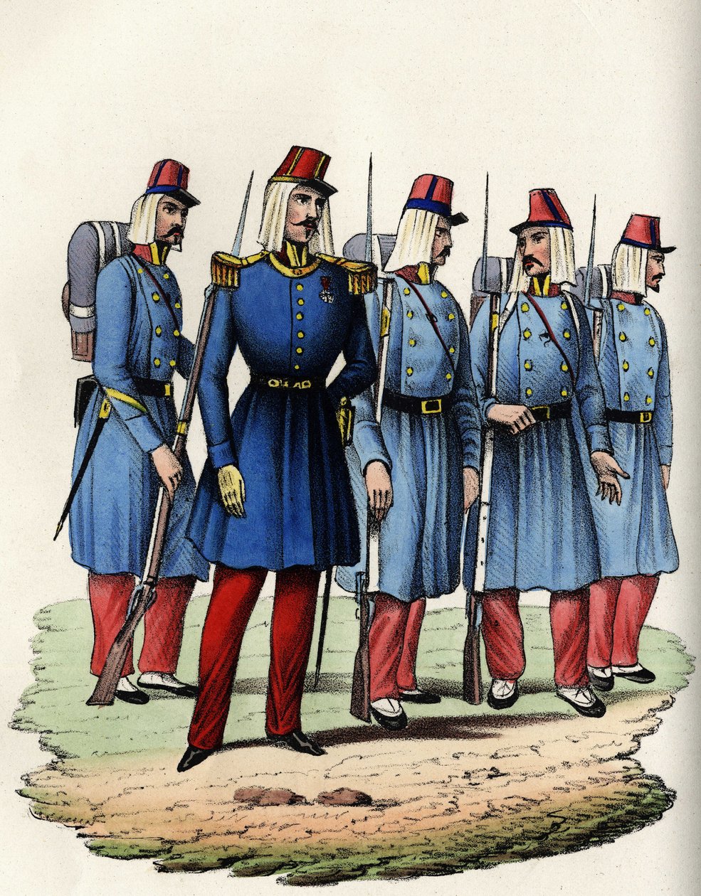 Az afrikai francia hadsereg gyalogsága; tiszt, altiszt és katonák Algériában 1830-ban. In „” Storia d