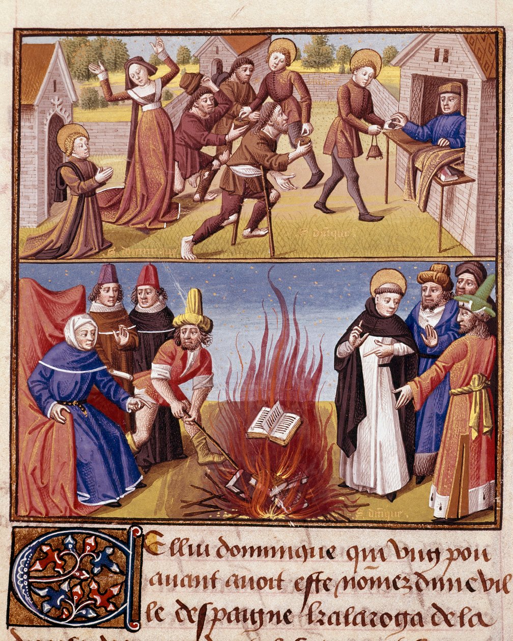Az Inkvizíció „Az Autodafe Saint Dominique de Guzman (1170-1221), a domonkos rend alapítója által elnökölt, az eretnekkönyv és az ortodox könyv tüzének bizonyítéka”” Miniatűr a „Le miroir historial”-ban (Speculum Historiale) ( ms. 1196, fol. 372) by alkotó: Unknown artist