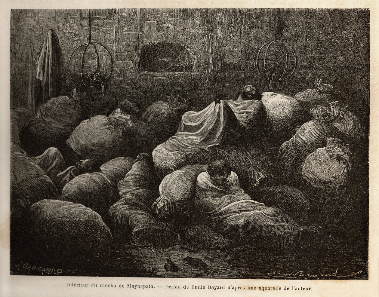Maynapata (Alsó-Peru) tanyáján, amelyet egy hóvihar lepett meg, az utazók egy vályogházba menekülnek, és burgonya- és kukoricazacskók közepette pihennek és melegednek. Metszet a Quinquinas (Peru) völgyeiben tett utazás illusztrálására, Pa alkotó: Unknown artist