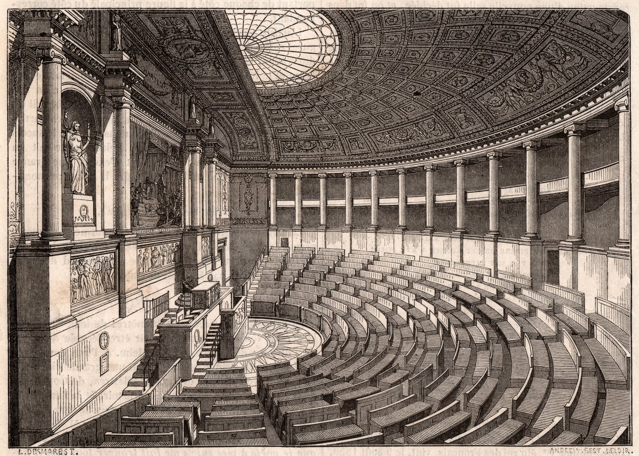 A képviselőház (Nemzetgyűlés) belső nézete, korábban Palais Bourbon, Párizs, Franciaország alkotó: Unknown