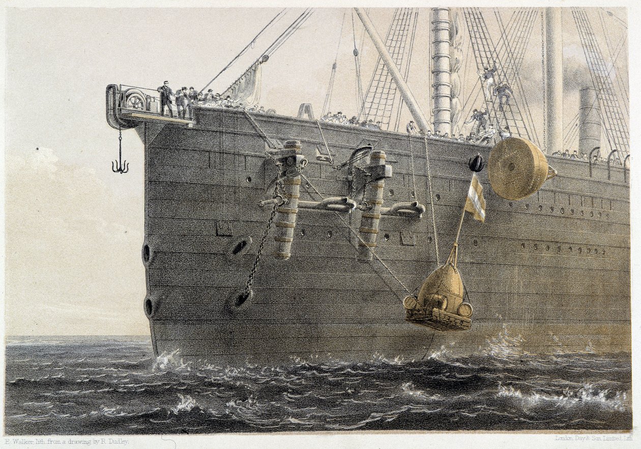 Tenger alatti kábel telepítése 1858-ban (mérföldkőnek számító bója) - W. H. Russel „The Atlantic Telegraph” című művében, 1860 körül alkotó: Unknown artist
