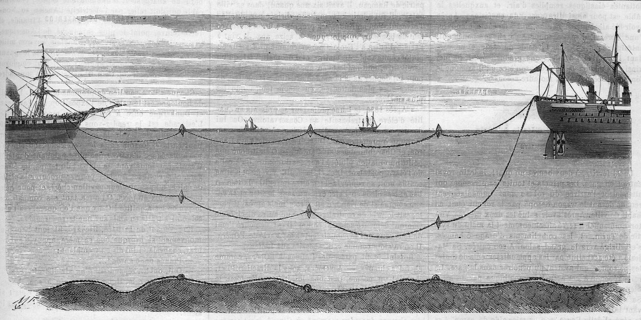 Az Európát Amerikával összekötő traszatlanti elektromos kábel szerelése 1865-ben. Bójarendszer, amely megakadályozza az elektromos kábel elszakadását a telepítés során. A hadműveletért felelős hajó a Great Eastern volt. Metszet 1865-ből alkotó: Unknown artist