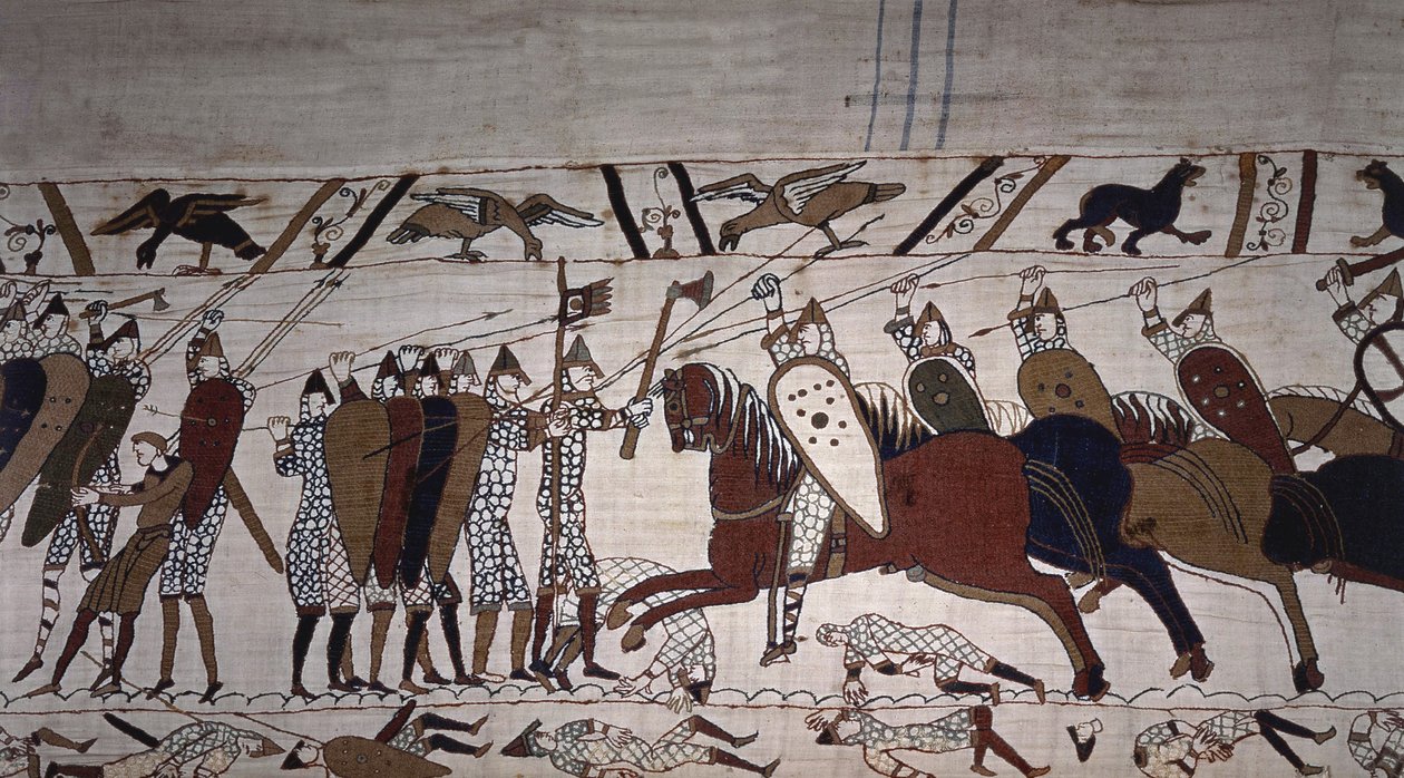 Wadard intendáns (lóháton) és Guillaume társulatának emberei – Bayeux gobelin, Mathilde királynő hímzéseként ismert alkotó: Unknown artist