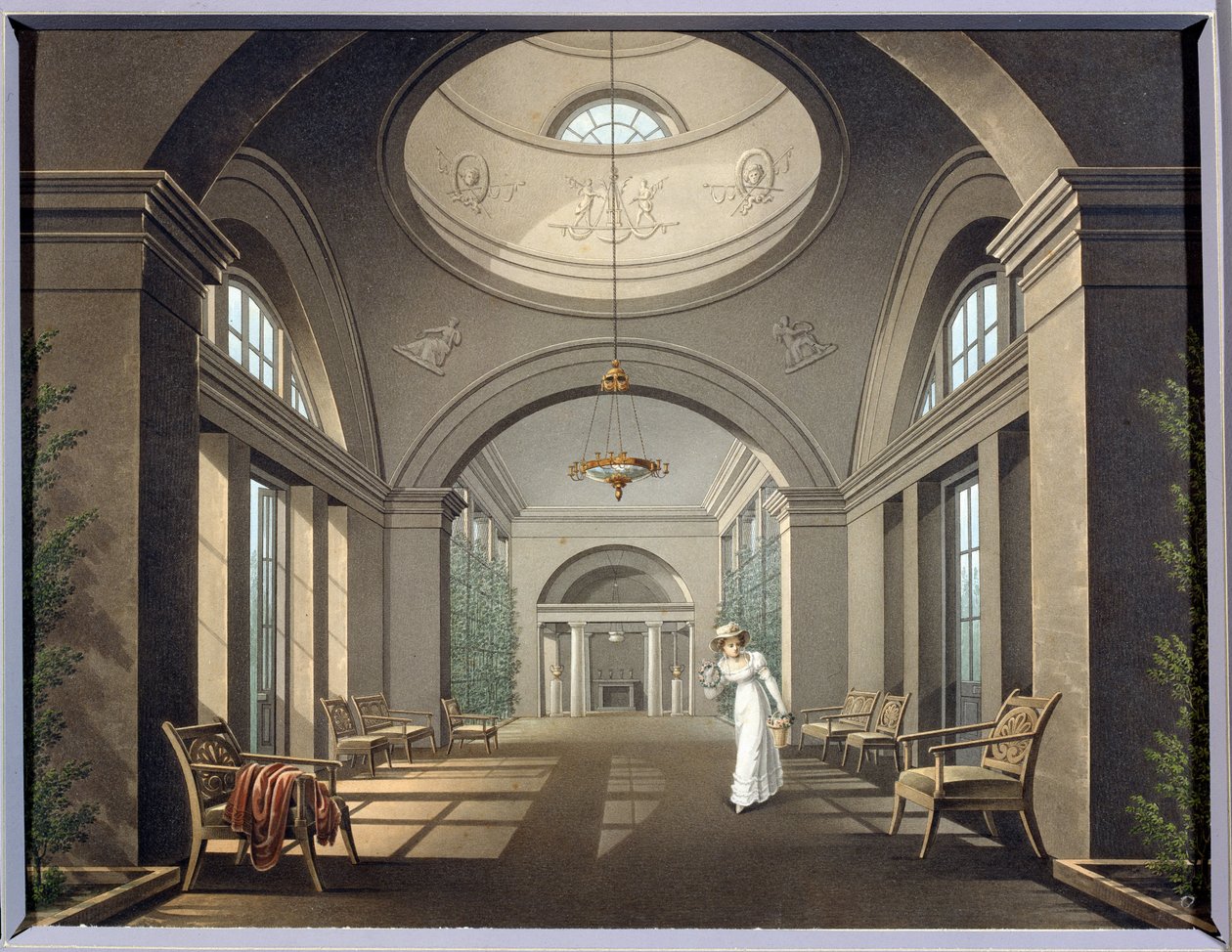 A madárház belseje a pavlovszki palotában. Névtelen festmény. Akvarell és tus, 19. század közepe. Klasszicizmus. Állami Szabadtéri Múzeum Pavlovsk Palota, Szentpétervár. alkotó: Unknown artist