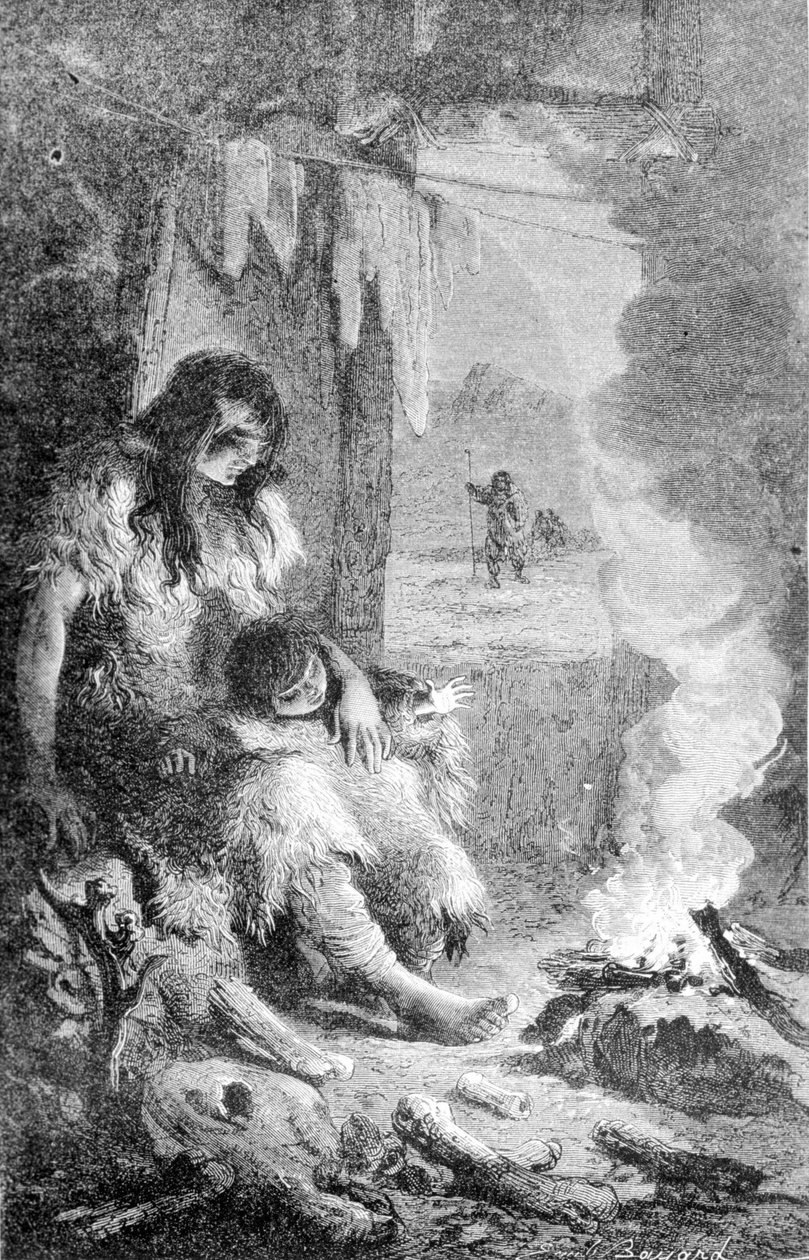 Egy őskori kabin belseje. 19. századi metszet. alkotó: Unknown artist