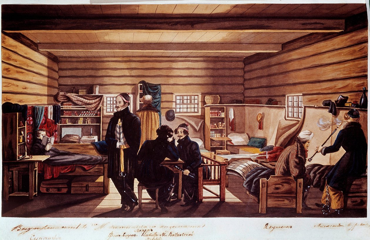 A csetai kazamata belseje: Az 1825. december 14-i szentpétervári puccskísérletben részt vevő oroszok dekabristák (vagy dekabristák) politikai találkozója, hogy a rezsimtől modern alkotmányt szerezzenek. Metszés alkotó: Unknown artist