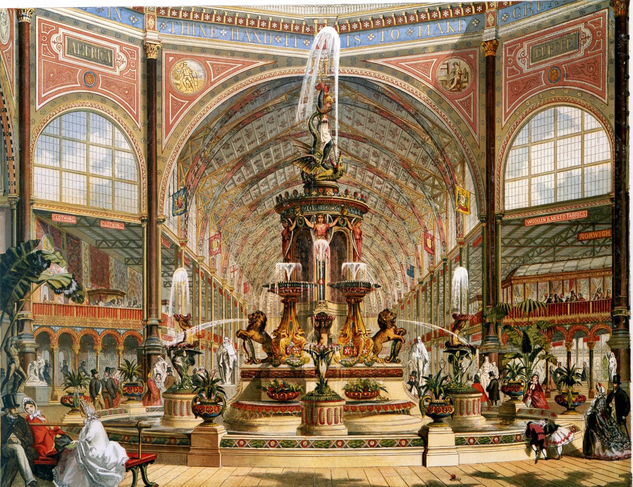A Crystal Palace belseje az 1862-es nemzetközi kiállítás alatt. Minton majolika szökőkútja. Színes kőnyomat. alkotó: Unknown artist
