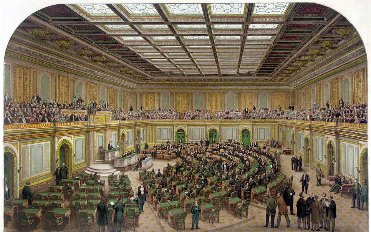 Az Egyesült Államok Capitoliumának Képviselőházának belső képe az ülésező Kongresszussal és a nézőkkel a galériában – 1866-os metszet. alkotó: Unknown artist
