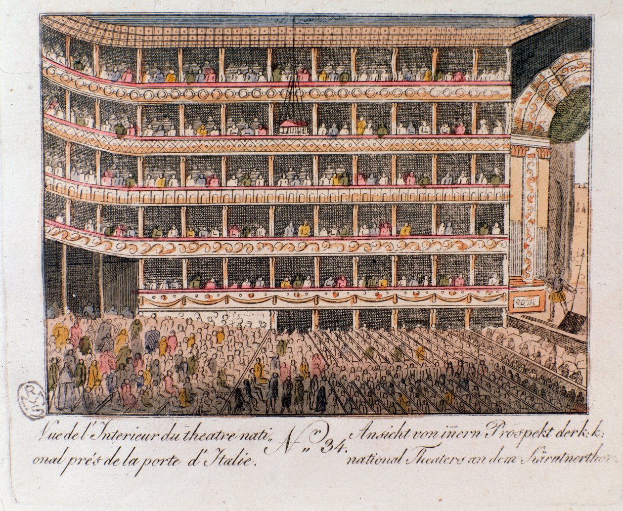 A Nemzeti Színház belső nézete az Olasz Kapu közelében Bécsben, Ausztriában. (A Nemzeti Színház belső képe, Bécs, Ausztria) az 1815-ös metszet magángyűjtemény alkotó: Unknown artist