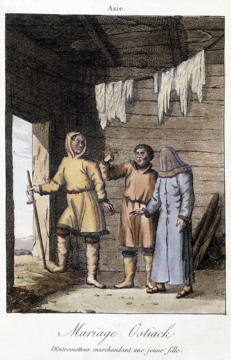 Közvetítő alkudozással egy fiatal lánnyal esküvőre Ostiak (hanti vagy khante) (a paleozibériai vadásztörzs az Ob-völgy középső részének erdőterületén telepedett le). alkotó: Unknown artist