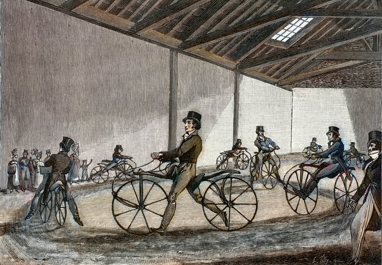 A manézs belső nézete Hobby ló számára. Férfi kerékpárt vezet (a pedál nélküli kerékpárokat Karl Drais báró találta fel alkotó: Unknown artist