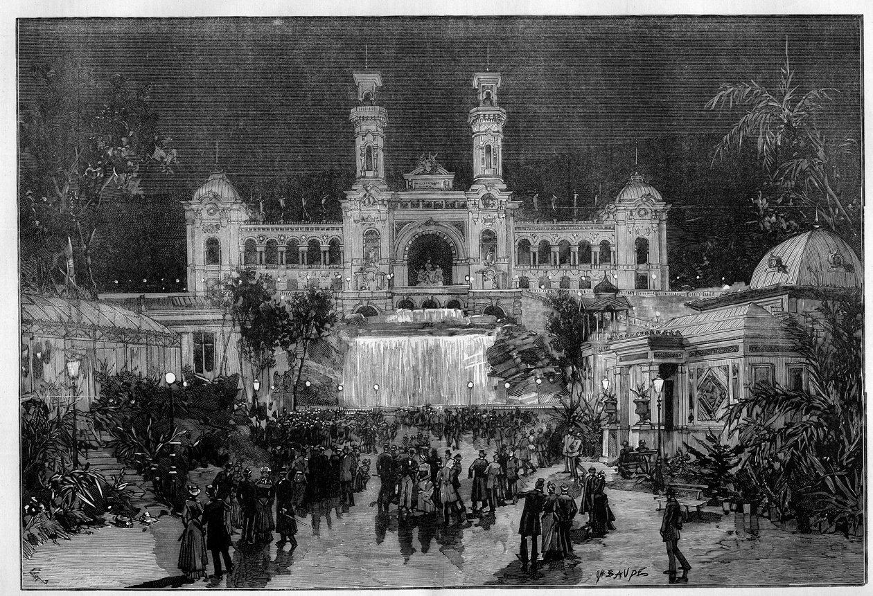 Nizzai Nemzetközi Kiállítás: a kiállítási villanyvilágítás palotája. Metszet a „” Le Monde Illustré”-ben alkotó: Unknown artist