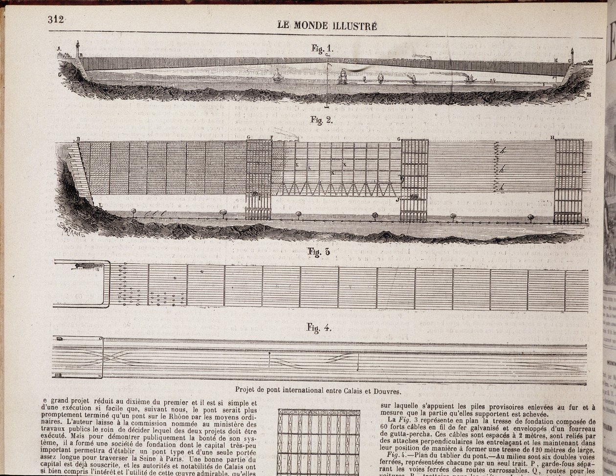 Nemzetközi hídprojekt a csatornán keresztül Calais és Dover között – az 1867.11.16-i „” The Illustrous World” című filmben alkotó: Unknown artist