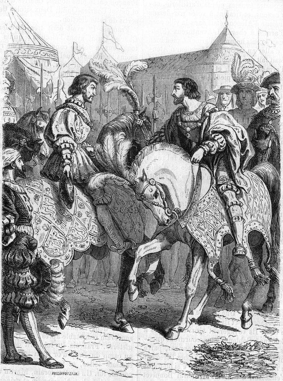 Interjú Francois 1st és Henrik VIII. századi metszet. alkotó: Unknown artist