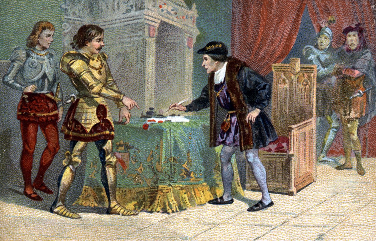 XI. Lajos (1423-1483) francia király és Merész Károly burgundi herceg interjúja Peronne-ban 1468 októberében.Liebig kromolitográfiája a XIX. alkotó: Unknown artist