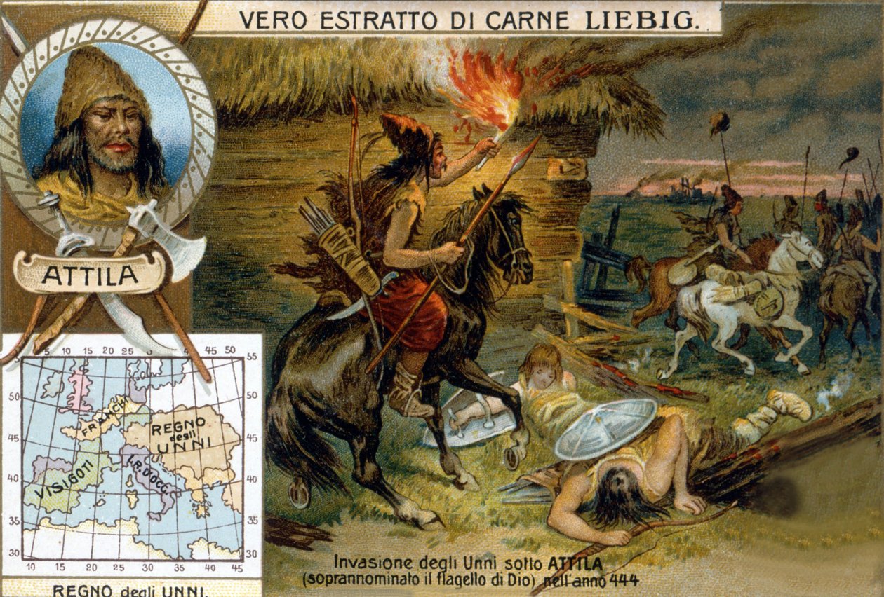 Hunok inváziója Attila vezetésével, az Isten ostorának becézett 444-ben - Liébig reklámmatrica alkotó: Unknown artist
