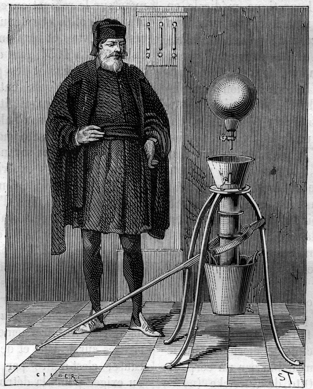 Találmány: Otto de Guericke (Otto de Guericke) (1602-1686), német feltaláló pneumatikus gépe. Metszet a „La Nature”-be alkotó: Unknown artist