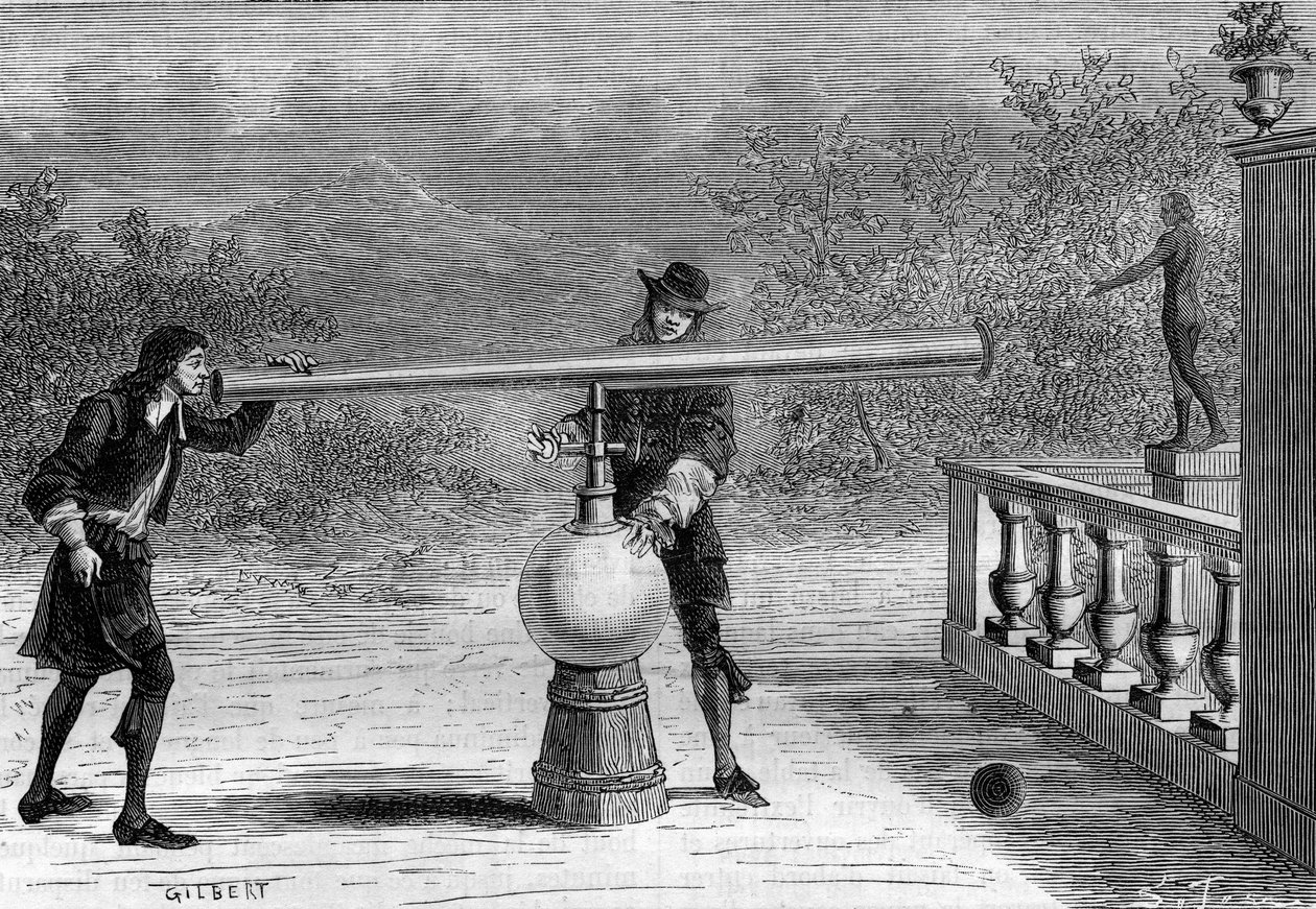 Találmány: Otto von Guericke (Otto de Guericke) (1602-1686), német feltaláló Sarbacan vagy pneumatikus fegyvere. Metszet a „La Nature”-be alkotó: Unknown artist