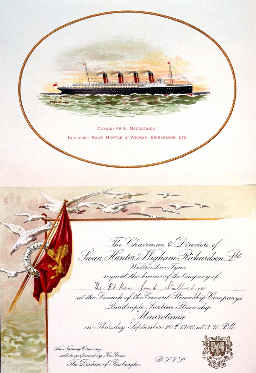 Lord Stalbridge meghívója az SS Mauretania vízre bocsátására, 1906. szeptember 20. alkotó: Unknown Artist