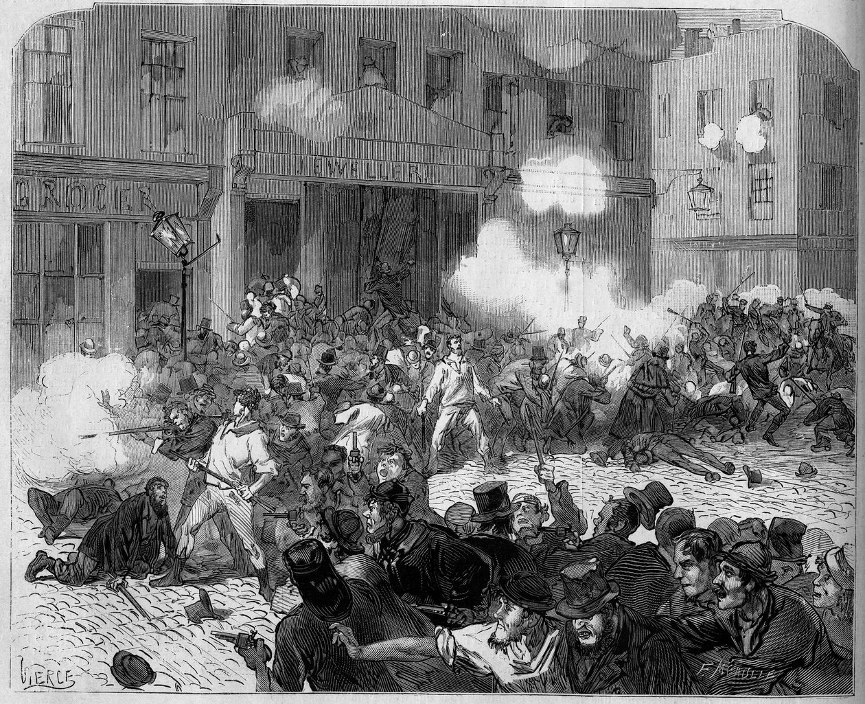 Írország 1872: Belfasti bajok, harc az orangisták és a katolikusok között. alkotó: Unknown artist