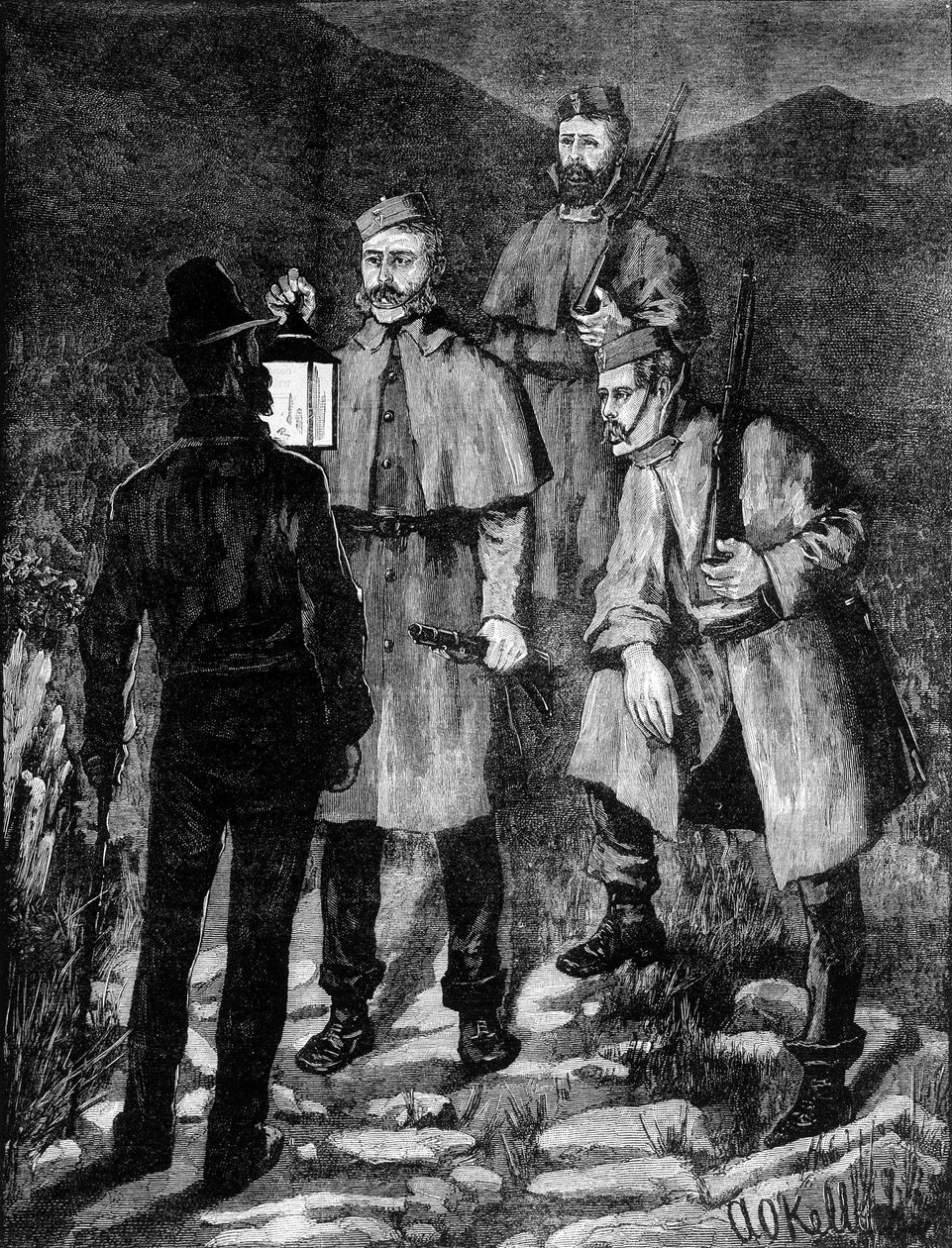Ír rendőrjárőr egy gyanúsítottat irányít (1881). alkotó: Unknown artist