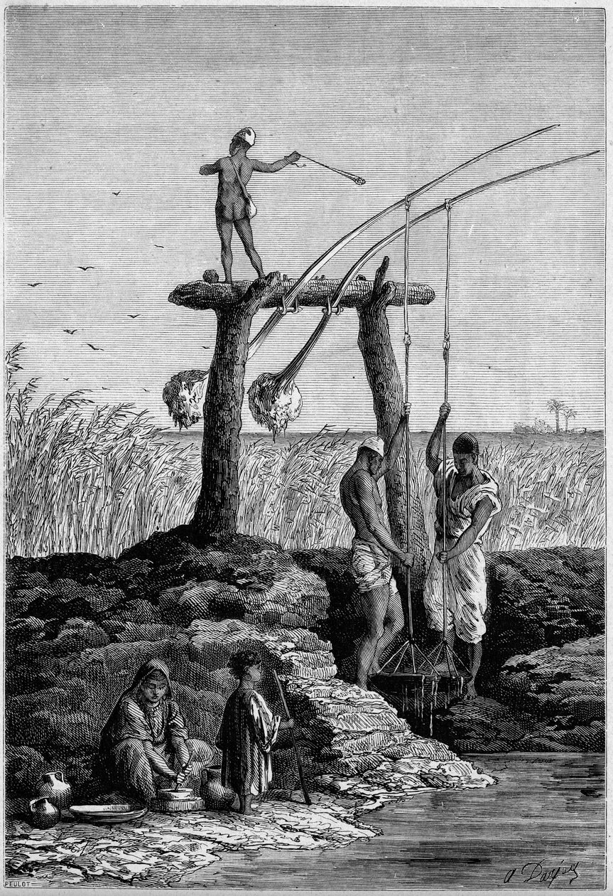 Öntözés Egyiptomban: chadoufs (vagy shadoufs) a Nílus partján. Metszet az 1882. május 27-i „” Le Monde Illustré”” 1313. sz. alkotó: Unknown artist