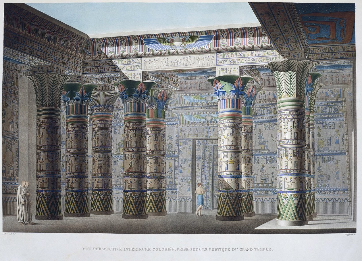 Philae szigete: Színes belső perspektivikus nézet, a Nagy Templom portikusza alatt készült – „Egyiptom leírása” című részben, Imperial Editions alkotó: Unknown artist