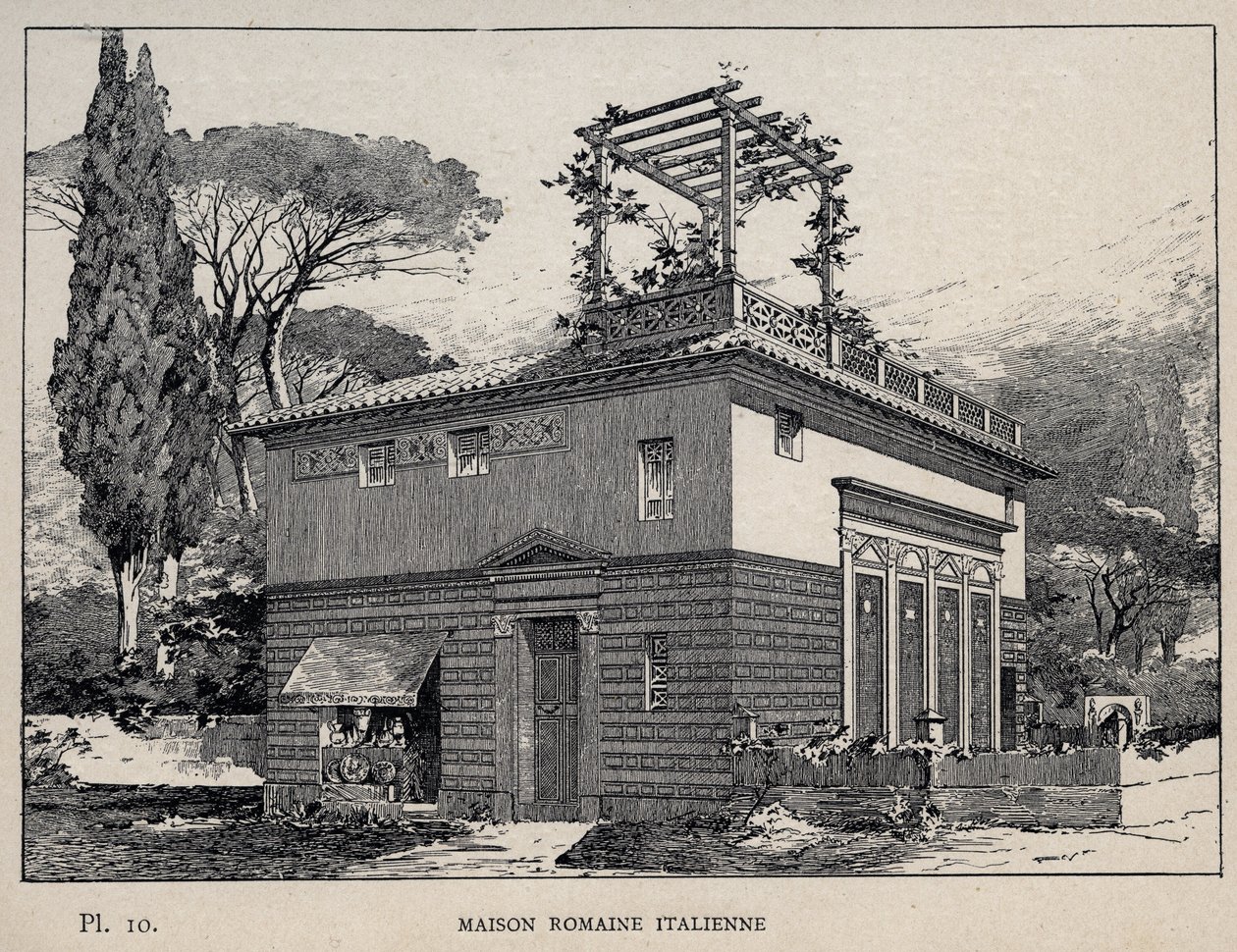 Olasz római ház – 1889-ben készült metszet az „Emberi lakhatás története az 1889-es egyetemes kiállításon, Charles GARNIER úr – Librairie centrale des beaux-arts Paris 1889 című könyvében alkotó: Unknown artist