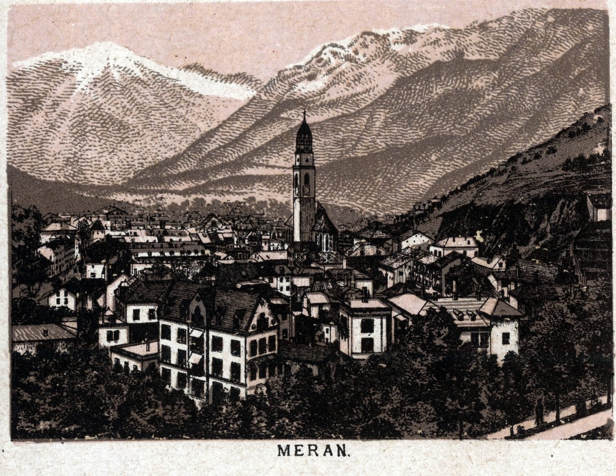 Olasz Tirol: kilátás Meran városára (Merano). in "" A világ 168 nézetet szemléltet"" Keltezés nélküli (XIX. század vége) alkotó: Unknown artist