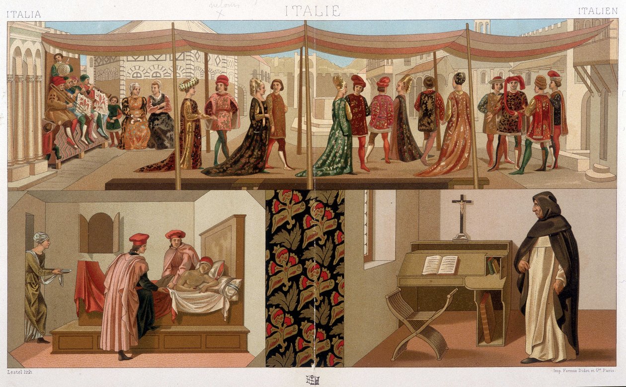 15. századi olasz viseletek. A. Racinet „” A történelmi jelmez” című művében alkotó: Unknown artist