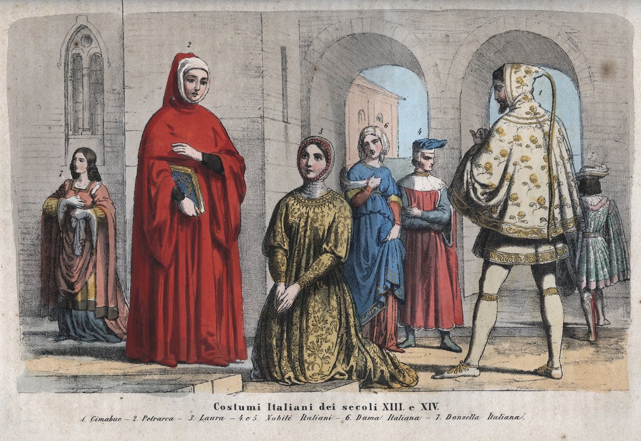 A XIII és XIV század olasz divatja - Cenni di Pepo, dit Cimabue (1240-1302) - Francesco Petrarca (Petrarch) (1304-1374) - Laura de Noves (1310-1348) - Olasz nemesek - Olasz nő - Olasz leányzó - metszet a „” Mindenki szokásai és hagyományai i alkotó: Unknown artist