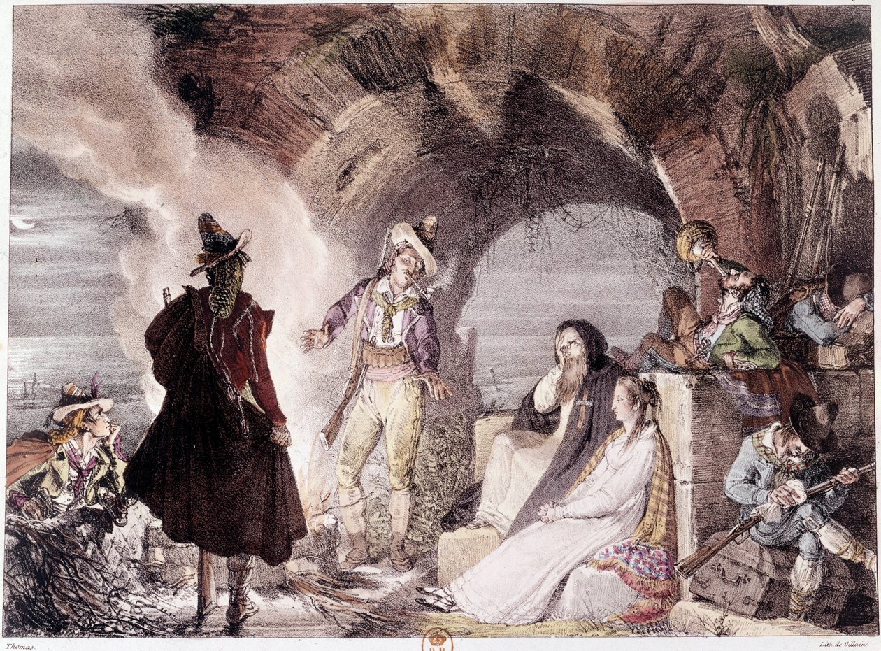 Olasz rablók. A banditák, egyesek isznak, mások alszanak. századi metszet. Paris, B.N. alkotó: Unknown artist