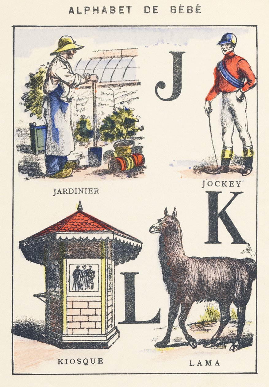 J K L: kertész, zsoké, kioszk, láma alkotó: Unknown artist