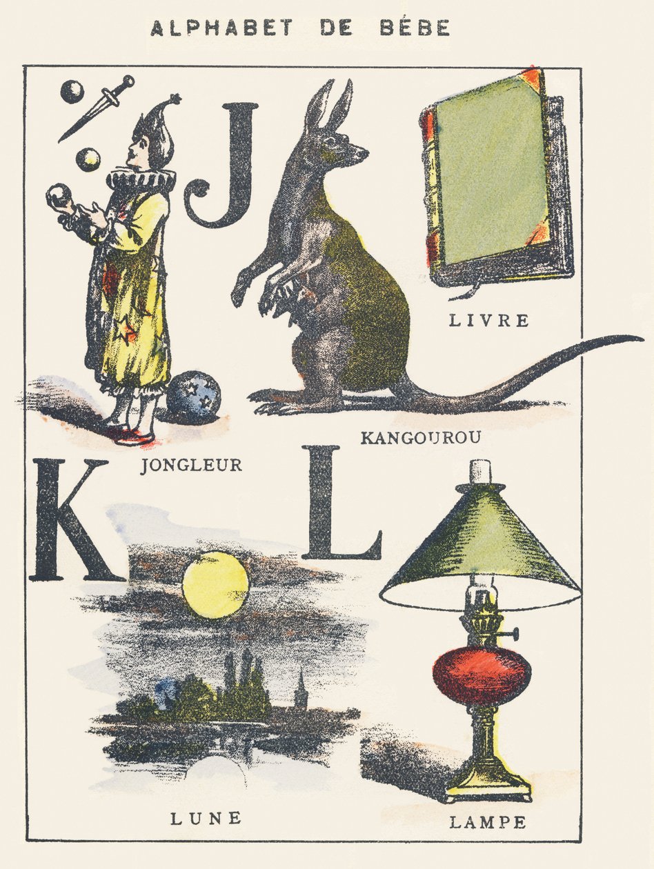 J K L: zsonglőr, kenguru, könyv, hold, lámpa alkotó: Unknown artist