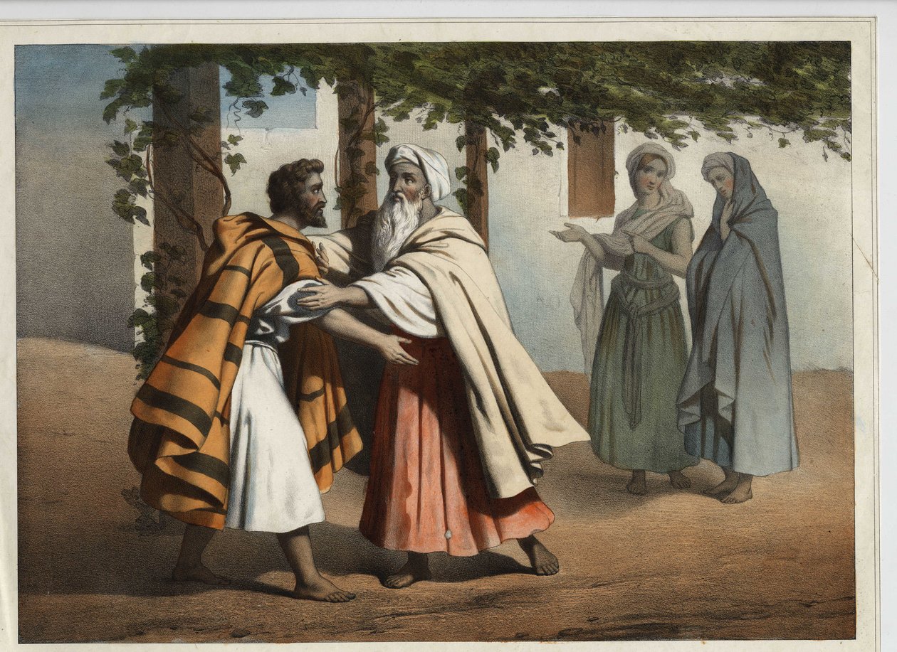 Jákóbot, aki testvére, Ézsau bosszúja elől menekül, Lábán üdvözölte. századi névtelen metszet. alkotó: Unknown artist