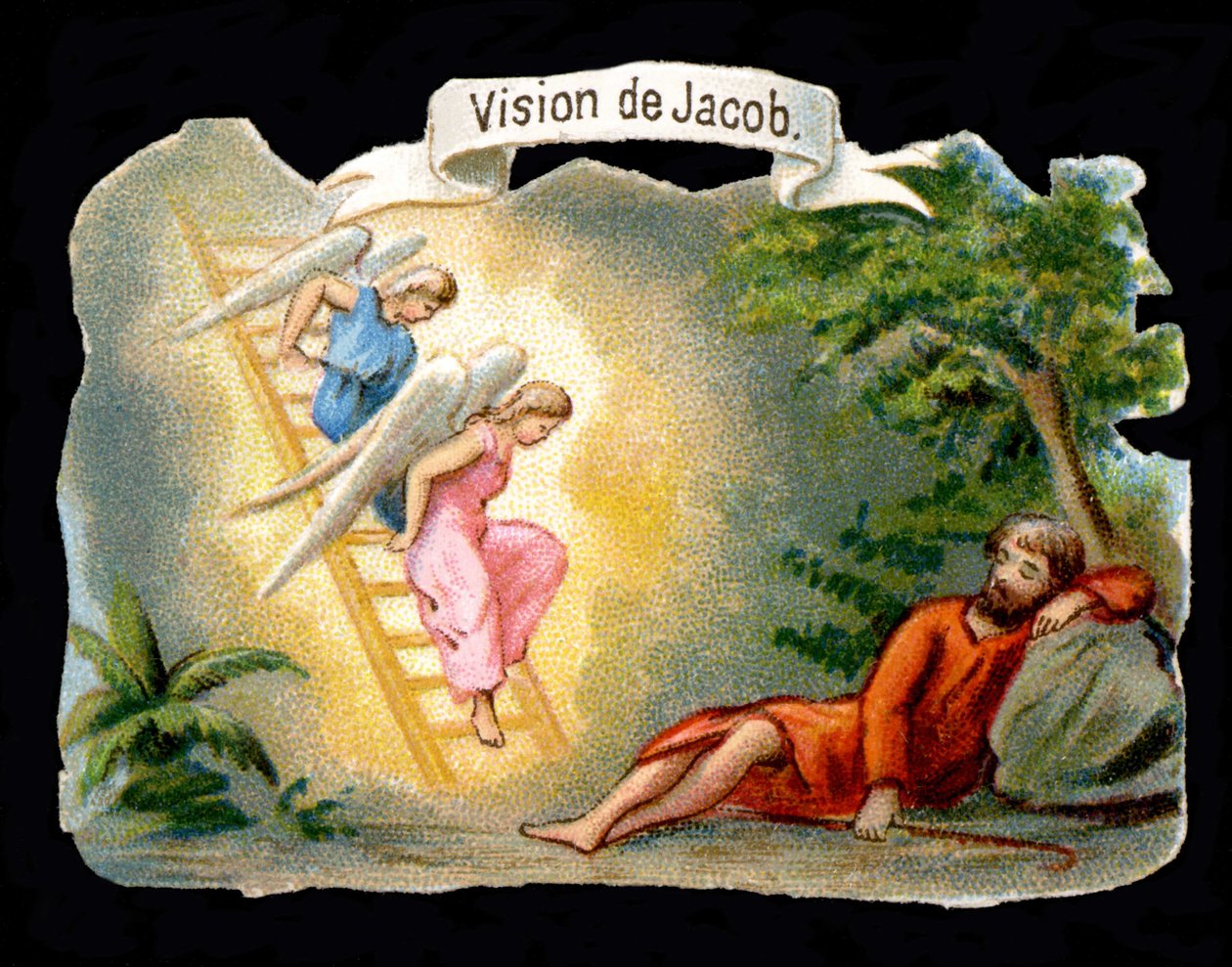 Jákób látomását a mennyből létrán alászálló angyalok képviselik. századi kromolitográfiája. alkotó: Unknown artist