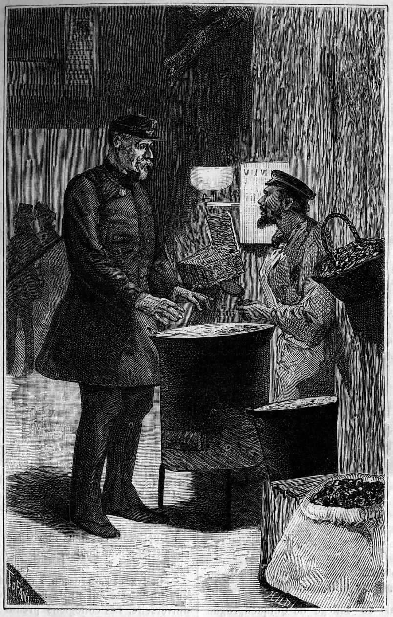 Jacques Gaudry egy gesztenyekereskedőnél. Metszet a „The Journal of Youth”-ban alkotó: Unknown artist