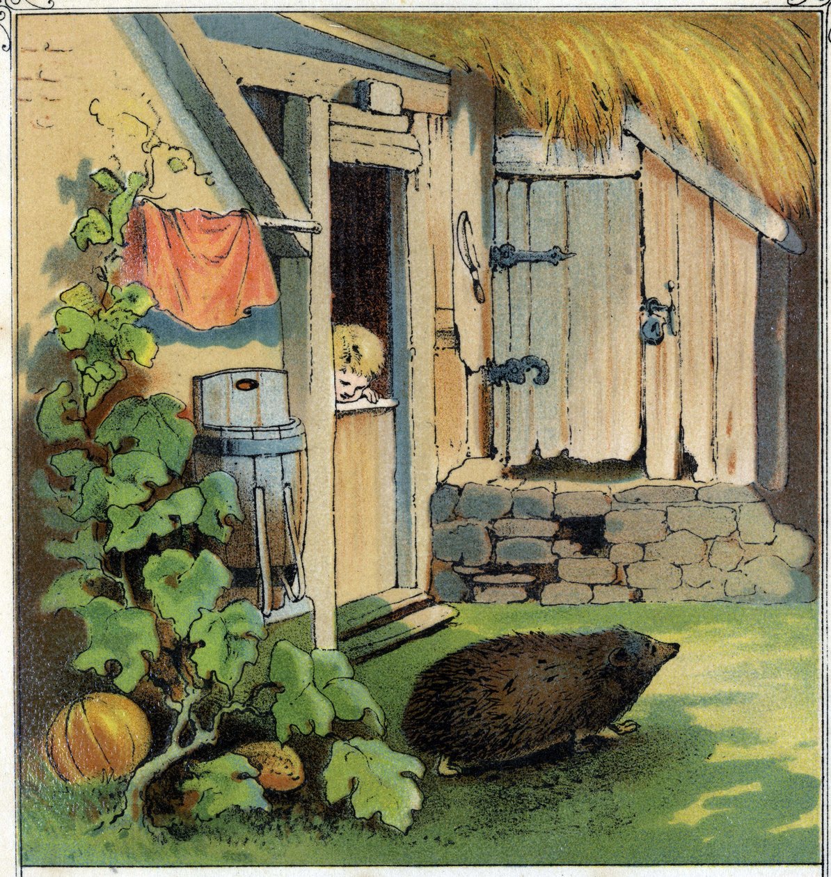 Jacques egy herissont lát át a háza udvarán. Kromolitográfia a „Scenes enfantines”-ból”, szerk. Guerin - Muller 1885 körül. alkotó: Unknown artist